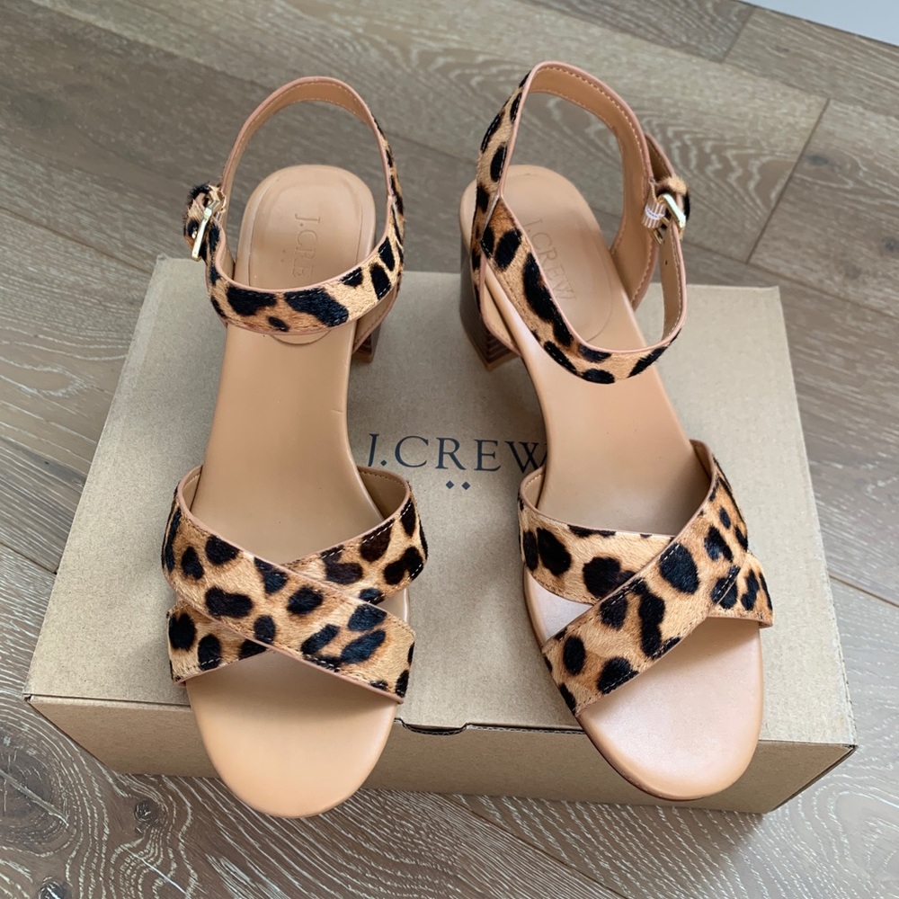 J.Crew leopard Calf Hair Low Block Heel Sandals 8.5